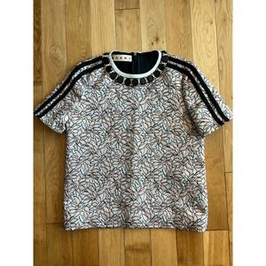 MARNI Floral Jacquard Knit Short Sleeve Top Glass Stone Collar Womens 40 or US 4